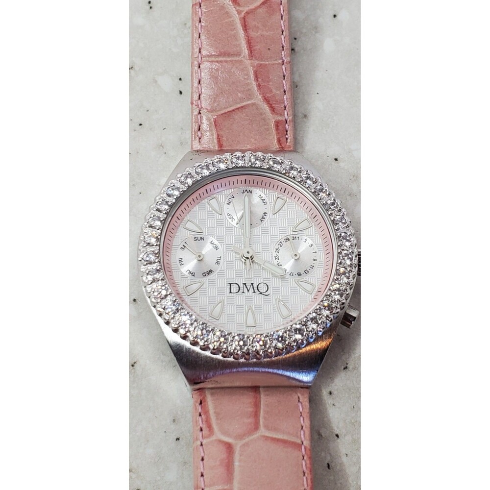 Diamonique DMQ QVC Ladies Watch Pink Leather Band CZ Bezel Calendar Untested